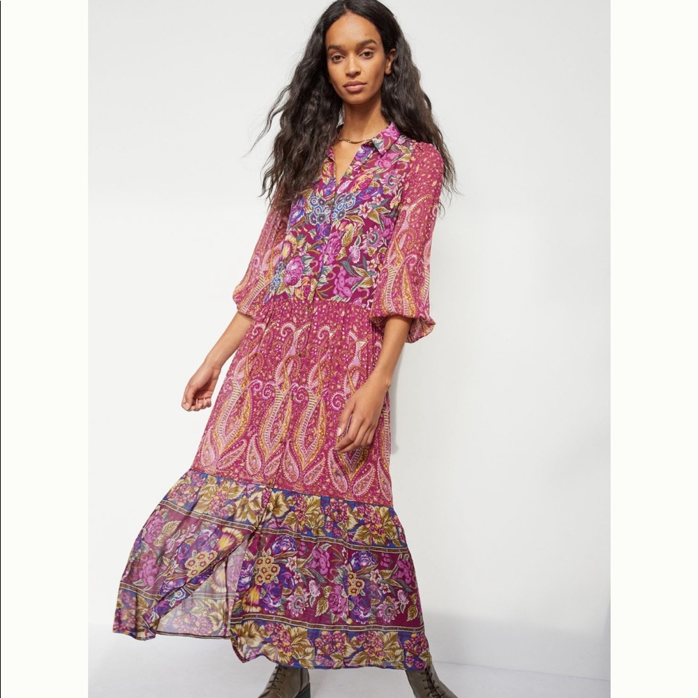 Anthropologie Floral Paisley Ruffle Hem Maxi Dress - Pink Maxi